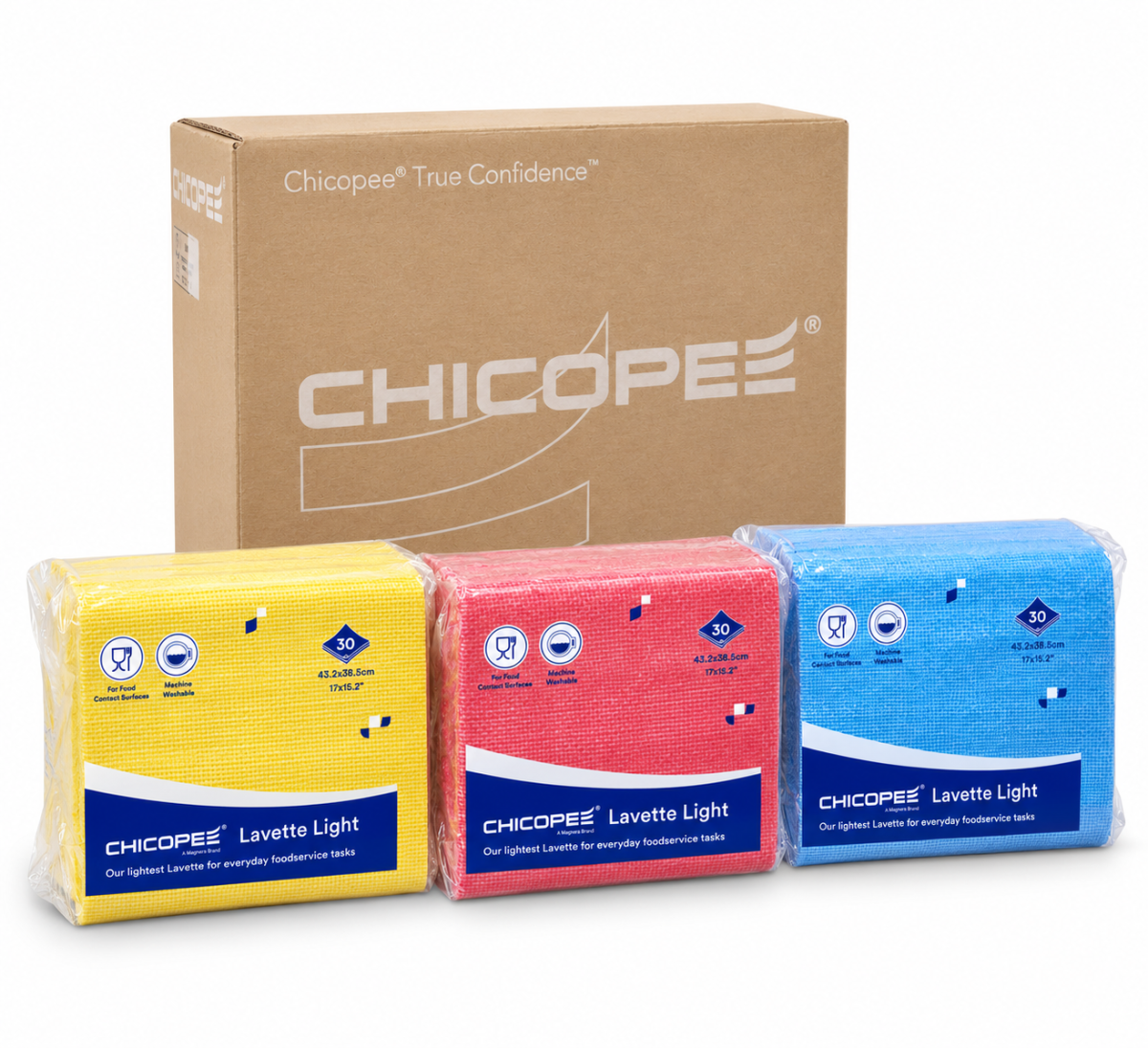 Chicopee Lavette Light Wipes – Blue, Red and Yellow Chicopee Lavette Light wipes in yellow, red and blue packs with a Chicopee carton