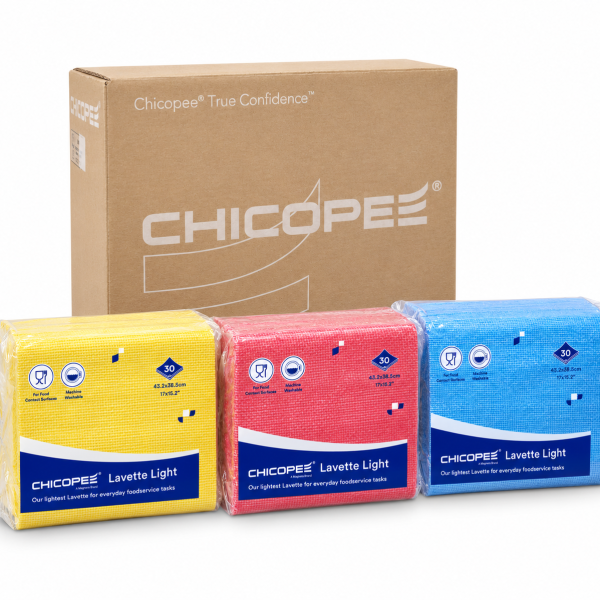 Chicopee Lavette Light wipes in yellow, red and blue packs with a Chicopee carton